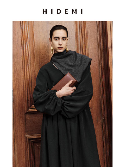 HIDEMI 节日系列轻礼服极简圆领高级灰灯笼袖连体裙 商品图3