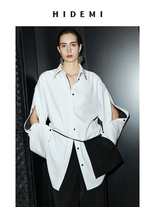 HIDEMI 节日系列双袖纽扣设计感黑白拼色极简衬衫外套 商品图3