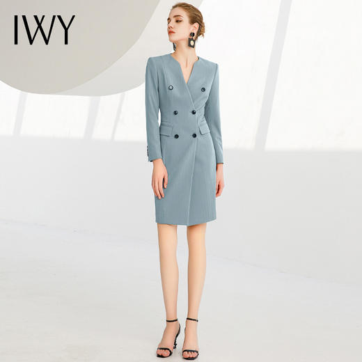 IWY/新款通勤职业连衣裙蓝色长袖双排扣英伦风白领修身正装一步裙223214Q1 商品图3