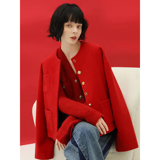 COCOBELLA质感花纱亮丝粗针毛衣女新年圣诞红针织外套MZ101B 商品图5