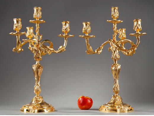 独角鹿西洋古董Henri Vian工坊路易十五风铜鎏金四枝头烛台一对 商品图1