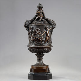 独角鹿西洋古董法国大理石路易十五风丰收小天使青铜浮雕高脚樽