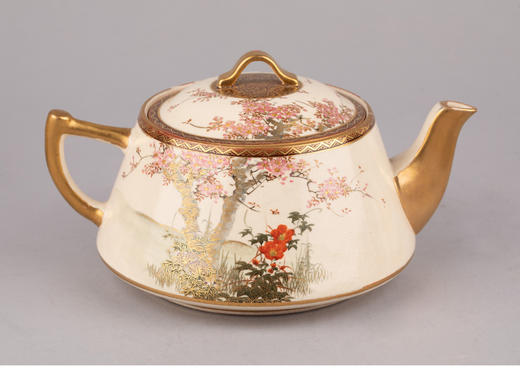 独角鹿西洋古董日本明治时期白山描金缤纷花鸟萨摩烧下午茶套装 商品图2