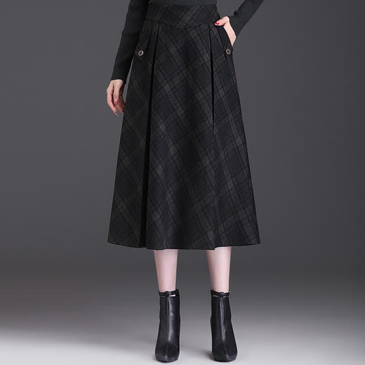 格子简约修身时尚大摆A字裙松紧腰气质毛呢半身裙MYX-JYM-55323-L 商品图0