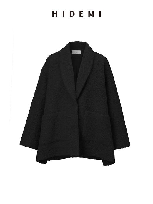 HIDEMI 节日系列羊驼毛长绒拉毛翻领口袋大廓形大衣 黑色/燕麦色 商品图13