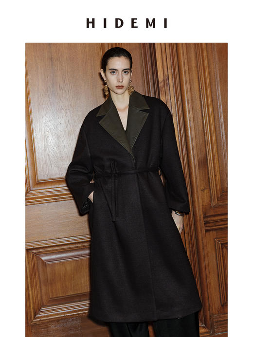 HIDEMI 【赵丽颖同款】节日系列极简分体两件式毛呢阔型浴袍腰带长款大衣 商品图3