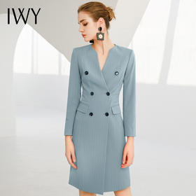 IWY/新款通勤职业连衣裙蓝色长袖双排扣英伦风白领修身正装一步裙223214Q1