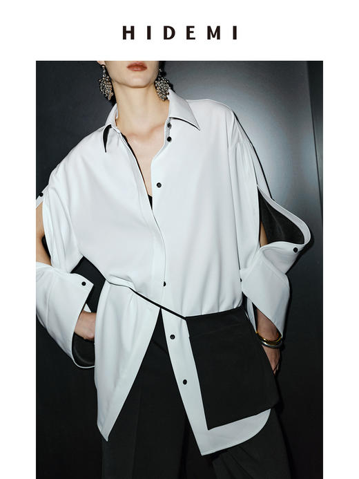 HIDEMI 节日系列双袖纽扣设计感黑白拼色极简衬衫外套 商品图4