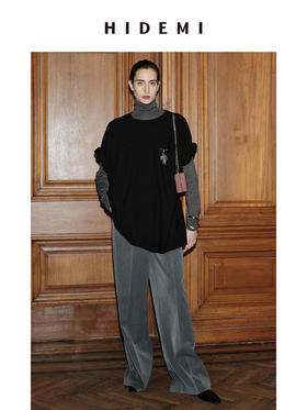 HIDEMI 节日系列美利奴羊毛极简廓形圆领中袖 黑色/灰色/巧克力色