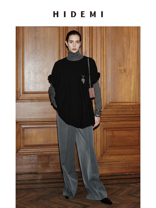 HIDEMI 节日系列美利奴羊毛极简廓形圆领中袖 黑色/灰色/巧克力色 商品图0