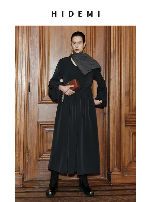 HIDEMI 节日系列轻礼服极简圆领高级灰灯笼袖连体裙 商品图1