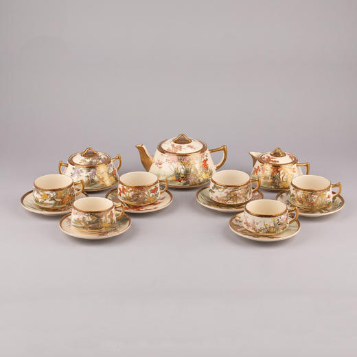 独角鹿西洋古董日本明治时期白山描金缤纷花鸟萨摩烧下午茶套装 商品图0