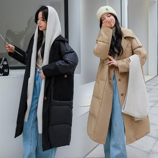 FF-193大码女装加厚胖妹妹200斤针织帽毛呢拼接羽绒服女193 商品图1