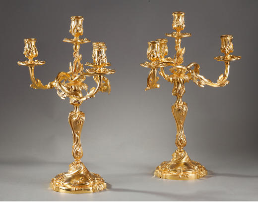 独角鹿西洋古董Henri Vian工坊路易十五风铜鎏金四枝头烛台一对 商品图4