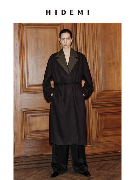 HIDEMI 【赵丽颖同款】节日系列极简分体两件式毛呢阔型浴袍腰带长款大衣 商品图4