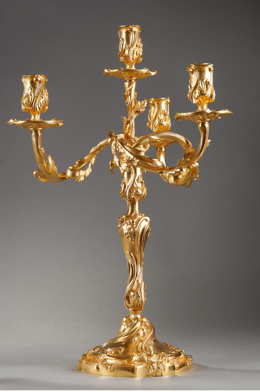 独角鹿西洋古董Henri Vian工坊路易十五风铜鎏金四枝头烛台一对 商品图3