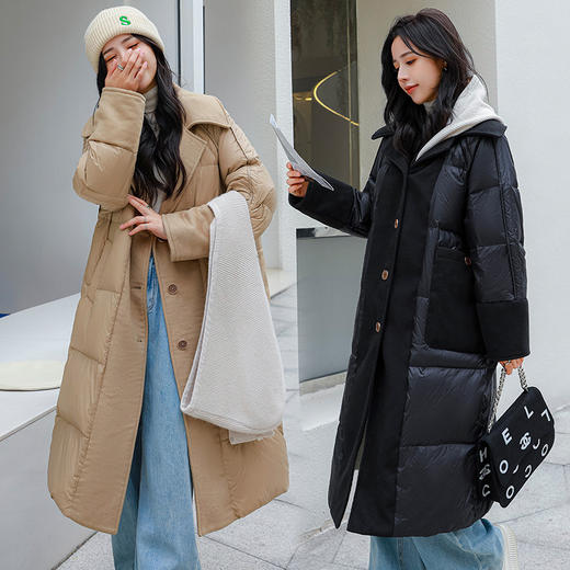 FF-193大码女装加厚胖妹妹200斤针织帽毛呢拼接羽绒服女193 商品图3
