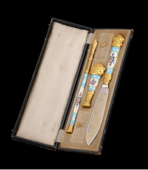 独角鹿西洋古董Pomponne合金精雕镶嵌花卉手绘珐琅文房用品套件 商品图1