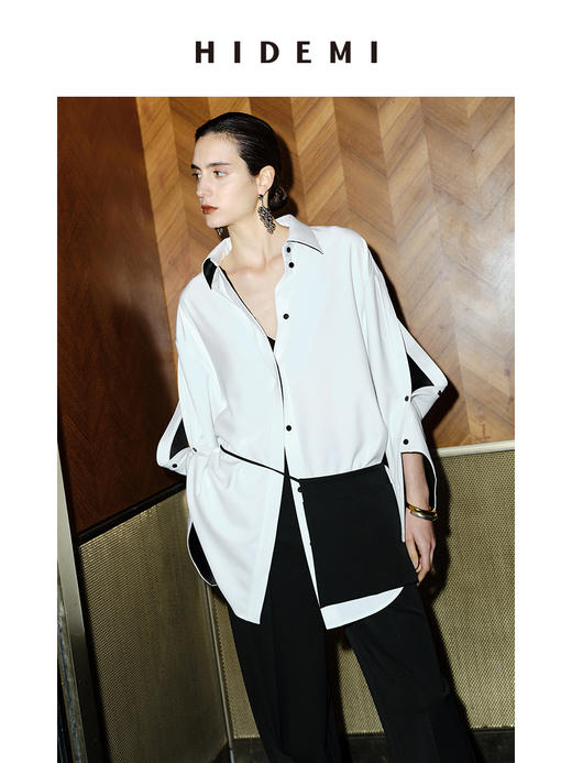 HIDEMI 节日系列双袖纽扣设计感黑白拼色极简衬衫外套 商品图6