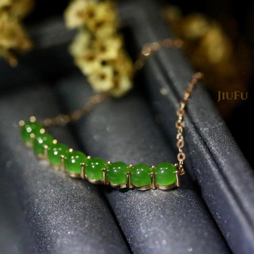 18K玫瑰金和田玉（碧玉）项链--一笑倾城/玉珠直径4mm/链长40+2cm/菠菜绿 商品图3