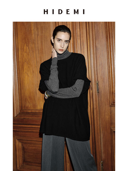 HIDEMI 节日系列美利奴羊毛极简廓形圆领中袖 黑色/灰色/巧克力色 商品图2