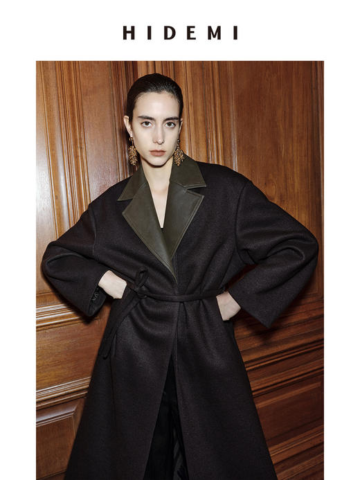 HIDEMI 【赵丽颖同款】节日系列极简分体两件式毛呢阔型浴袍腰带长款大衣 商品图2