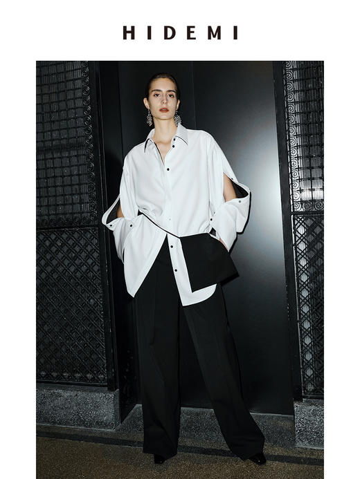 HIDEMI 节日系列双袖纽扣设计感黑白拼色极简衬衫外套 商品图1