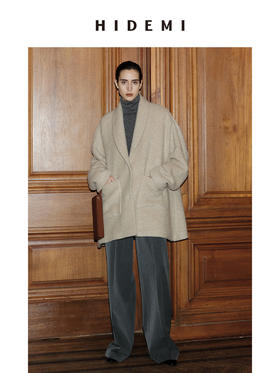 HIDEMI 节日系列羊驼毛长绒拉毛翻领口袋大廓形大衣 黑色/燕麦色