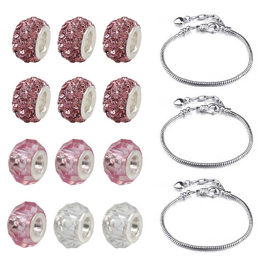 HK609 粉色爱心钻石盒手链套装(创意diy潘家风格大孔珠3条手链装) 商品图4
