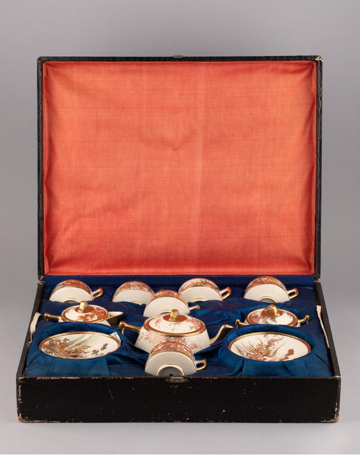 独角鹿西洋古董日本明治时期白山描金缤纷花鸟萨摩烧下午茶套装 商品图1