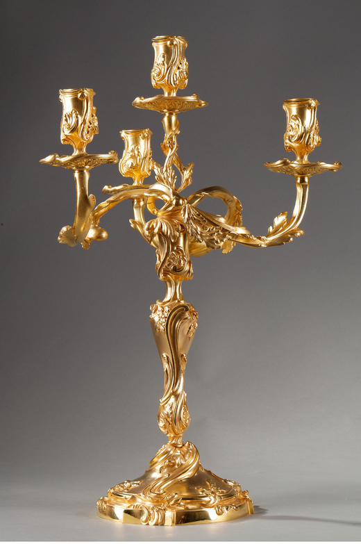 独角鹿西洋古董Henri Vian工坊路易十五风铜鎏金四枝头烛台一对 商品图2