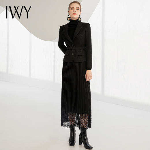 IWY/高端黑色时尚套装女秋名媛气质长袖小西装套裙通勤女士正装百褶裙224001C1+S4 商品图3