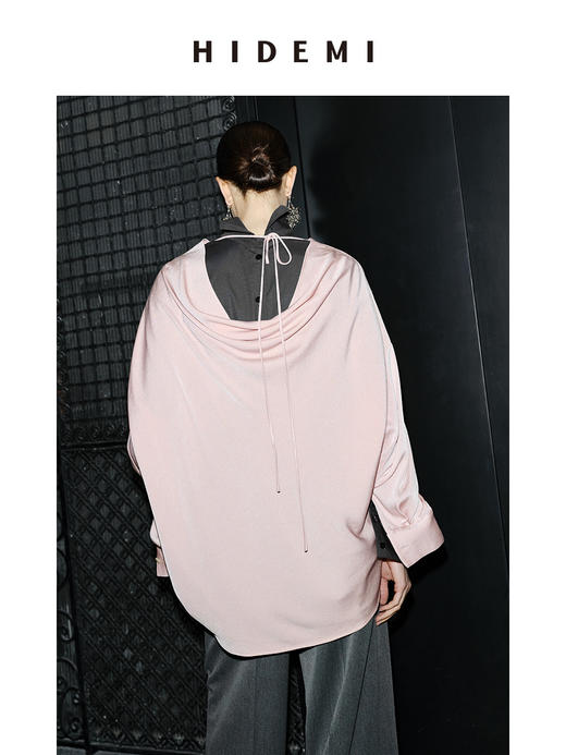 HIDEMI 节日系列粉色醋酸极简设计感后背绑带式廓形上衣 商品图0