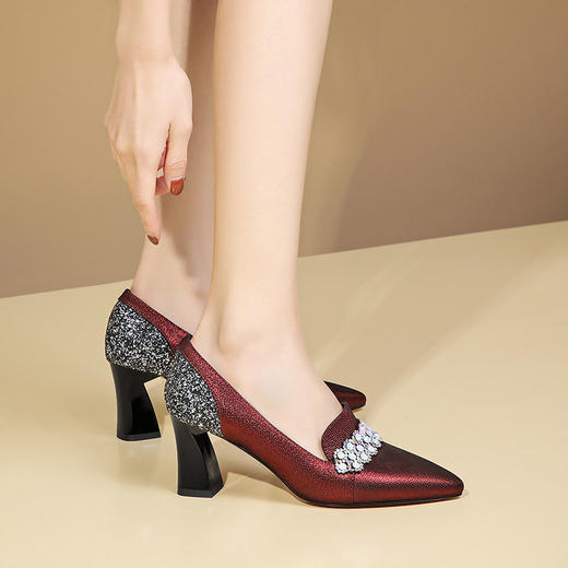 粗跟高跟鞋时尚花朵亮片浅口尖头单鞋OLD-GLS297dd 商品图6