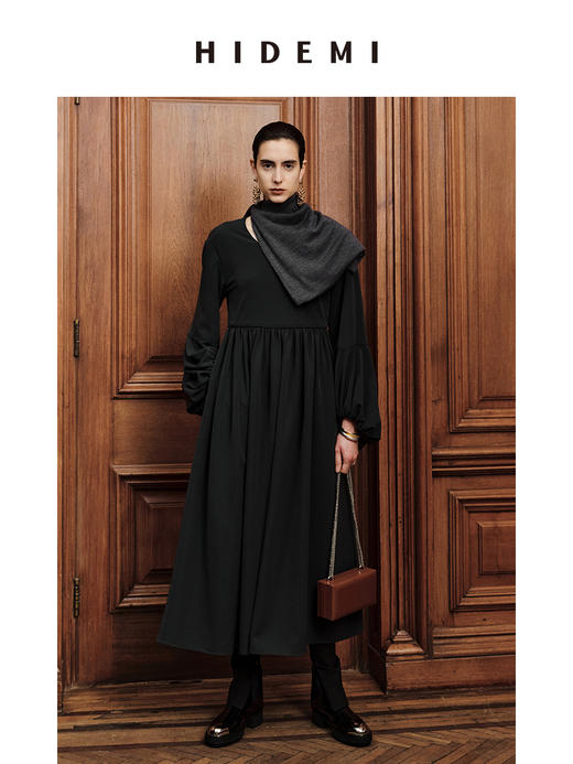 HIDEMI 节日系列轻礼服极简圆领高级灰灯笼袖连体裙 商品图5