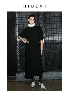 HIDEMI 节日系列褶皱不对称设计感黑色显瘦连衣裙