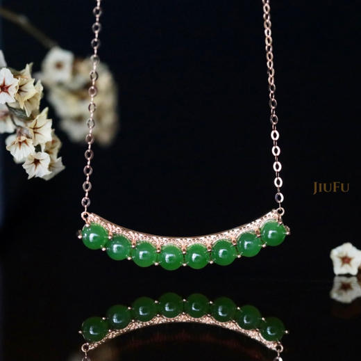 18K玫瑰金和田玉（碧玉）项链--一笑倾城/玉珠直径4mm/链长40+2cm/菠菜绿 商品图0