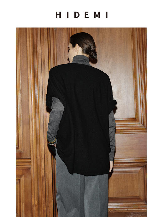 HIDEMI 节日系列美利奴羊毛极简廓形圆领中袖 黑色/灰色/巧克力色 商品图3