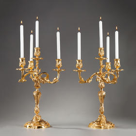 独角鹿西洋古董Henri Vian工坊路易十五风铜鎏金四枝头烛台一对