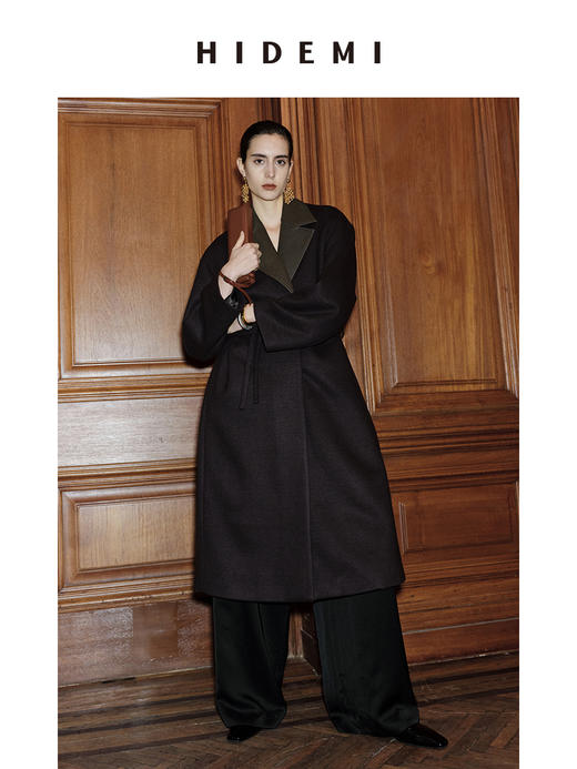 HIDEMI 【赵丽颖同款】节日系列极简分体两件式毛呢阔型浴袍腰带长款大衣 商品图1