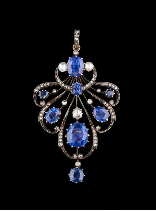 独角鹿西洋古董黄金镶钻石天然海水珍珠斯里兰卡蓝宝石冠冕吊坠 商品图3