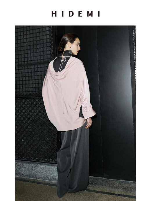 HIDEMI 节日系列粉色醋酸极简设计感后背绑带式廓形上衣 商品图3