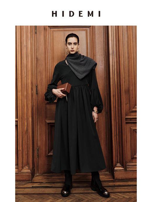 HIDEMI 节日系列轻礼服极简圆领高级灰灯笼袖连体裙 商品图4