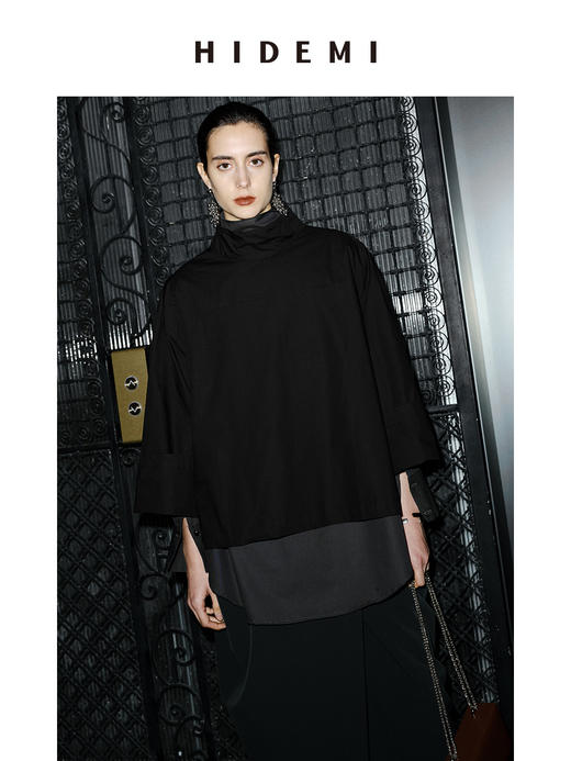 HIDEMI 节日系列极简立领廓形衬衫 黑色/白色 商品图8