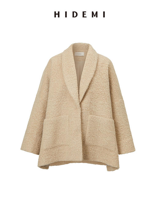 HIDEMI 节日系列羊驼毛长绒拉毛翻领口袋大廓形大衣 黑色/燕麦色 商品图14
