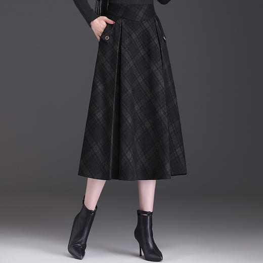格子简约修身时尚大摆A字裙松紧腰气质毛呢半身裙MYX-JYM-55323-L 商品图1