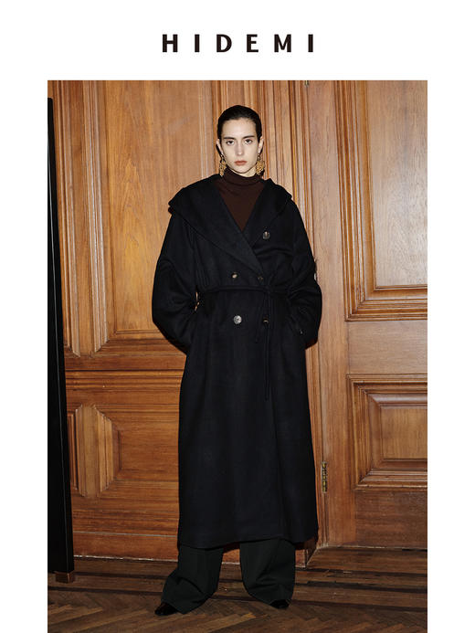 HIDEMI 节日系列藏蓝色大廓形连帽浴袍式腰带设计感长款双排扣美利奴羊毛大衣 商品图1