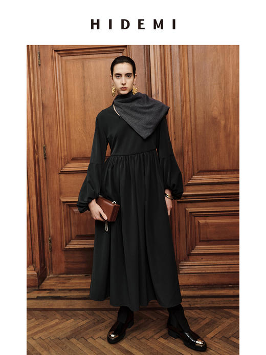 HIDEMI 节日系列轻礼服极简圆领高级灰灯笼袖连体裙 商品图0