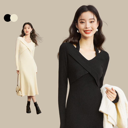 西遇纯欲长袖连衣裙女新款挂脖针织小黑裙V2021737 商品图0