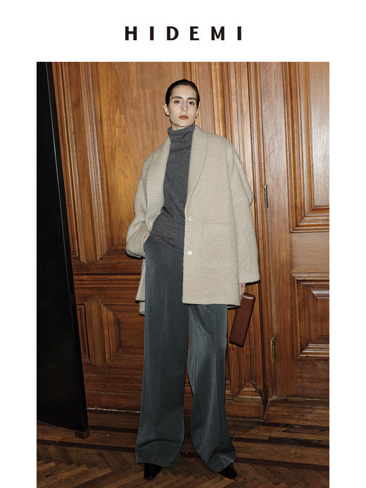 HIDEMI 节日系列羊驼毛长绒拉毛翻领口袋大廓形大衣 黑色/燕麦色 商品图5